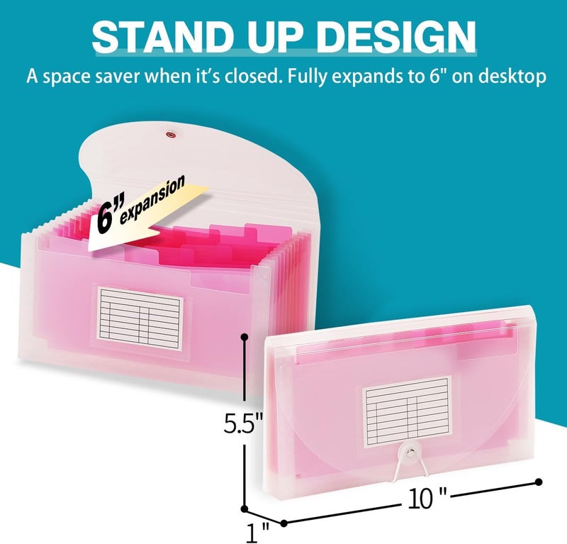 H4D Check Size 13 Pocket Expanding File Folder, Accordion File Organizer Wallet Case for Coupon Receipt Storage, 10 x 5.5 inches, Pink - Image 2